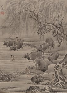 バッファローとヘルズマン、ca。 1887。 作： Kawanabe Kyosai