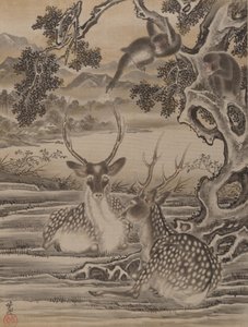 鹿とサル、ca。 1887。 作： Kawanabe Kyosai