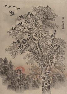 夜明けのカラスの群れ、ca。 1887。 作： Kawanabe Kyosai