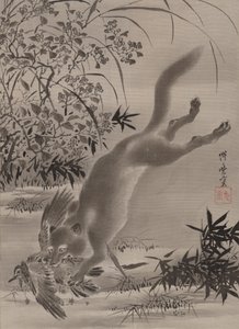 フォックスキャッチ鳥1887。 作： Kawanabe Kyosai
