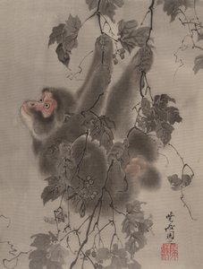 グレープバインからぶら下がっている猿、ca。 1887。 作： Kawanabe Kyosai
