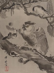 小鳥にからかわれたフクロウ1887。 作： Kawanabe Kyosai