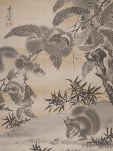 リスが栗を集める1887。 作： Kawanabe Kyosai