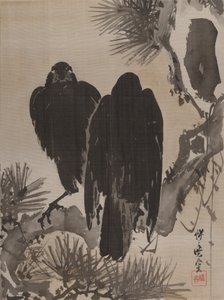 松の枝に2つのカラス、ca。 1887。 作： Kawanabe Kyosai