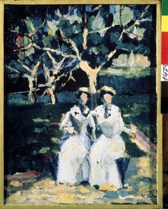 庭の二人の女性 (庭の二人の女性)。 Kasimir Severinovich Malevich (Malevich, Malevic) (1878-1935) による絵画、キャンバスに油彩、1930 年頃。 ロシア美術、20 世紀、現代美術。 国立ロシア美術館、サンクトペテルブルク。 作： Kazimir Severinovich Malevich
