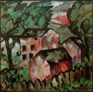 3つの赤い家のある風景 作： Kazimir Severinovich Malevich