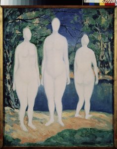 入浴者。 夏に、川の近くに立っている 3 人の白人の裸の人物。 Kasimir Severinovich Malevich（Malevich、Malevich）（1878-1935）による絵画、キャンバスに油彩 作： Kazimir Severinovich Malevich