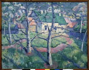 リンゴの木が咲く。 夏の田園風景、数軒の家、小道、木々。 Kasimir Severinovich Malevich（Malevich、Malevich）（1878-1935）による絵画、キャンバスに油彩 作： Kazimir Severinovich Malevich