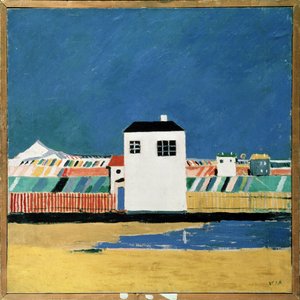 ホワイトハウスのある風景。 Kasimir Severinovich Malevitch (Malevich, Malevic) (1878-1935) による絵画、キャンバスに油彩、1930 年頃。 ロシア美術、20 世紀、アヴァンギャルド、シュプレマティズム、構成主義。 国立ロシア美術館、 作： Kazimir Severinovich Malevich