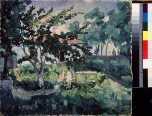 夏の風景。 夏休みを楽しむ子供と、夏の小さなカントリーハウスの庭の描写。 Kasimir Severinovich Malevich（Malevich、Malevich）（1878-1935）による絵画、キャンバスに油彩 作： Kazimir Severinovich Malevich