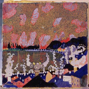 小さな町。 Kasimir Severinovich Malevitch（Malevich、Malevic）（1878-1935）による絵画、ボール紙に油彩 作： Kazimir Severinovich Malevich