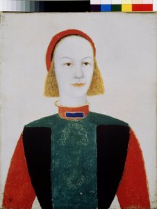 若い女の子（A Girl）。 Kasimir Severinovich Malevich (Malevich, Malevic) (1878-1935) による絵画、キャンバスに油彩、1932 年。 ロシア美術、前衛、20 世紀、シュプレマティズム。 国立ロシア美術館、サンクトペテルブルク 作： Kazimir Severinovich Malevich