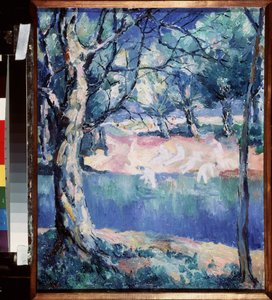 森の中の川。 夏の真っ只中、海岸でスケッチされた裸の海水浴客と一緒に。 Kasimir Severinovich Malevich（Malevich、Malevich）（1878-1935）による絵画、キャンバスに油彩 作： Kazimir Severinovich Malevich