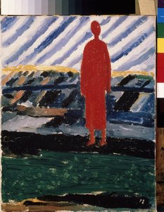 赤い図（A Red Figure）。 カシミール・セヴェリノヴィッチ・マレーヴィッチ（マレーヴィチ、マレーヴィッチ）（1878-1935）による絵画、キャンバスに油彩 作： Kazimir Severinovich Malevich