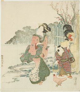 雄鶏に餌を与える 作： Keisai Eisen