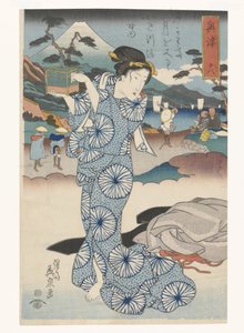 箱を持って立つ女性 作： Keisai Eisen