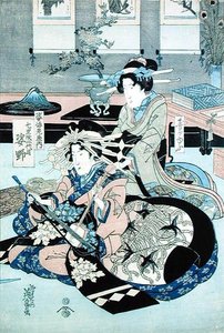 三味線を弾く二人の女性（木版画） 作： Keisai Yeisen