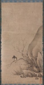 小川の上にとまるカワセミ、1400 年代後半。 作： Kenkō Shōkei