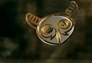モチェ; 埋葬; ワカ・ドス・カベサス-ヘセテペケ,金のフクロウの鼻飾り 作： Kenneth Garrett