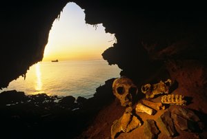 2008年、ジブラルタル、ネンデルタール人の女性の頭骨、剥製、アイベックスの骨（写真）。 作： ケネス・ギャレット