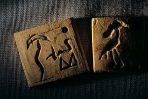 前時代象牙ラベル、最古の文字、グンター・ドライヤー博士、エジプト、2005年（写真）
