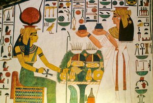 ネフェルタリの墓; ネフェルタリが神々の一団にワインを捧げる; エジプト、ネフェルタリの谷... 作： Kenneth Garrett
