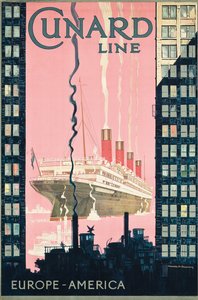 海運会社のキュナードラインによるヨーロッパからアメリカへのポスター広告旅行、c。 1925年（カラーリトグラフ） 作： Kenneth Shoesmith