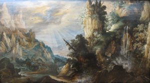 滝のある山の風景」ケルスティアン・デ・ケーニンク作 1600年頃