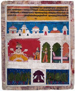 テラスの女性が古代のヴェーダの儀式の犠牲をブラフマーに捧げる、1725年頃 作： Khambavati Ragini