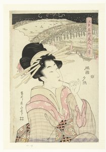 両国の夕焼け 両国の関所 名所江戸八景（連載タイトル） 江戸名所美人八景 作： Kikugawa Eizan