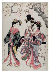 桜の木の下を歩く3人の花魁。宮廷衣装に身を包む 1790-1815年頃 木版・紙 作： Kikugawa Eizen