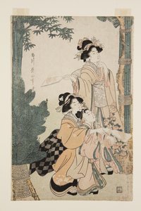 お正月に羽根つきをする（カラー木版画 作： Kikukawa Eizan