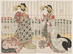 桜の季節、隅田川沿いの長治屋の鉄格子の後ろの遊女ひなやとからうた 作： Kikukawa Eizan