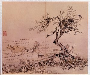 Art coreen: 耕すシーン。 キム・ホンド (Kim Hong-do) またはタンウォン (1745-ca. 1806) の版画 作： Kim Hong Do