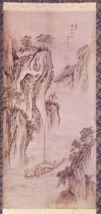 Art coreen: Mu-i の帰還。 ボートと険しい崖のあるコーリーンの風景。 Kim Hong do または Danwon (1745-ca. 1806) による版画。 1760. 亨弼春コレクション。 作： Kim Hong Do
