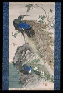 Cherry-Apple And Peacocks On Rock (シルクにインクと色) 作： Kishi Ganku