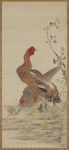 おんどり・鶏・ひよこ・江戸時代（絹に墨と色） 作： Kishi Ganku
