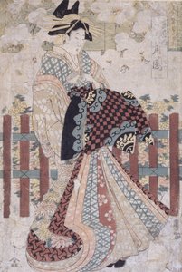 Tsukioka de Tama-Ya, um tríptico de belezas e flores (impressão em xilogravura colorida)