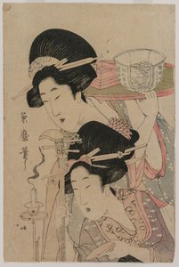 ろうそくの横にある 2 つの芸者 作： Kitagawa Tsukimaro