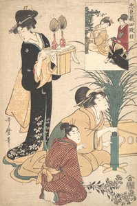 月見月祭りに花を生ける女と男、1802年。 作： Kitagawa Utamaro