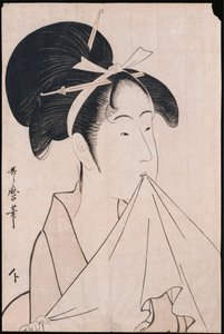 ハンドタオルを歯にのせて布を伸ばしている浪花家の沖田の胸像 作： Kitagawa Utamaro