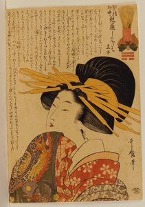 彼女の袖を上げる花魁 作： Kitagawa Utamaro