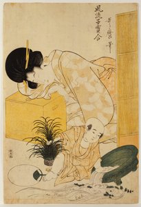 「お洒落な子供たちの比較」シリーズより、お椀を転倒させながら居眠りする母親 作： Kitagawa Utamaro