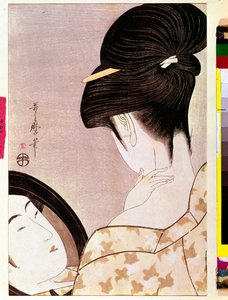 笠で首に力を入れる女性 喜多川歌麿（1753-1806）の日本の版画 - 日 0,37x0,22 m - 1795-1796 - パリ、ギメ美術館、国立アジア美術博物館