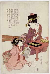 机に座って書いている本を持つ少女 作： Kitagawa Utamaro