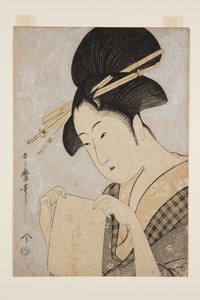 手ぬぐいを持った美女（カラー木版画