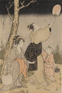 左側の柳の木の下でホタルを捕まえるc。 1796-1797。 作： Kitagawa Utamaro