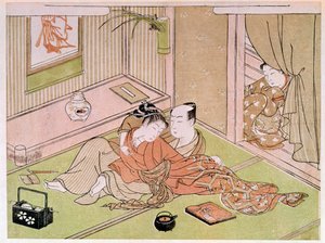 侍女の視線の下で愛撫するカップル 喜多川歌麿（1753-1806）の日本の版画。18世紀パリ、ギメ美術館、国立アジア美術館 作： Kitagawa Utamaro