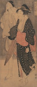 イブニング シャワーのカップル...、約。 1800年。 作： Kitagawa Utamaro