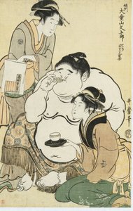 ライバルの喫茶店ウェイトレスからお茶とビスケットを提供されている幼児の神童、大道山文吾 作： Kitagawa Utamaro